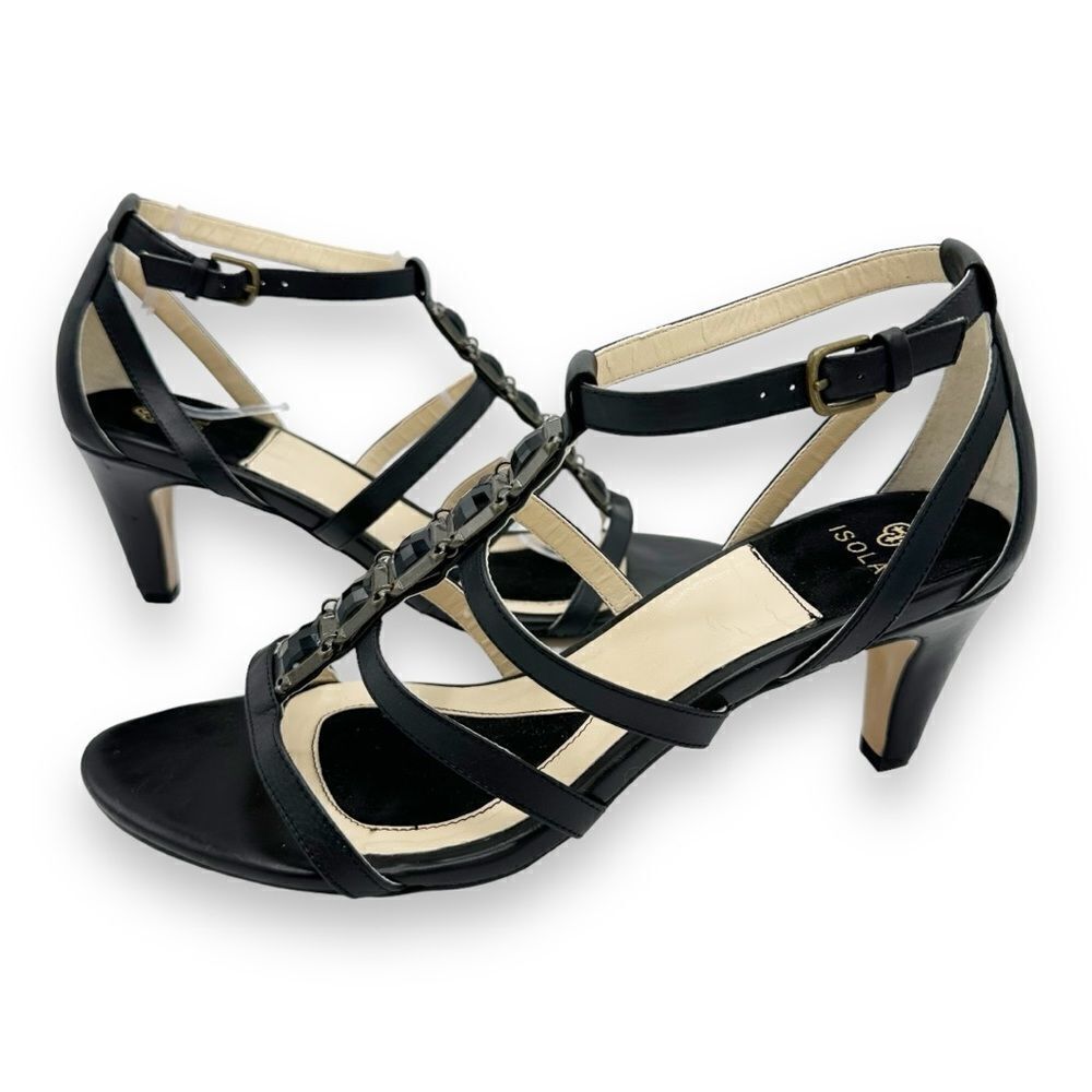 Isola Mairi Jeweled T-Strap Heeled Sandal, Black Leather, Womens Sz 11 Dressy